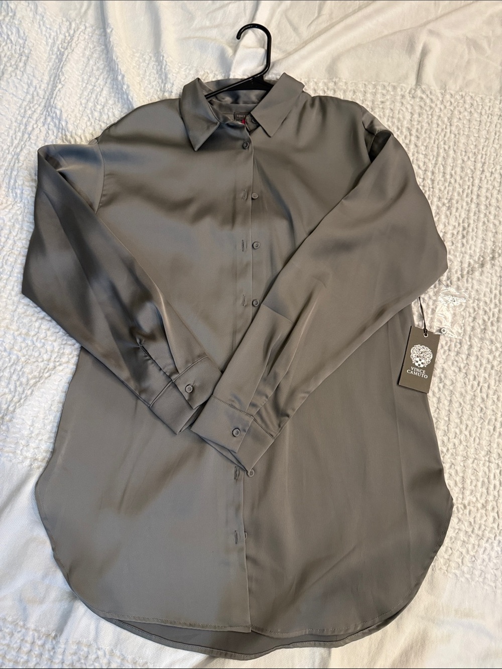 Vince Camuto Satin-Like Long Sleeve, longline Blouse — Charcoal Gray